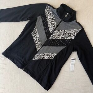 Ac-tiv-ology Womens animal print Chevron Zip Up Track Jacket Black Grey NEW PM